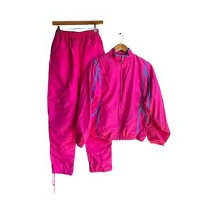 Vintage 1980s Retro Nylon Jogging Track Suit Women Windbreaker Jacket Pants - M